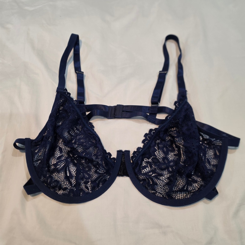 Lace Bralette Womens 2XL Navy Blue Excellent Strappy Underwire Bra